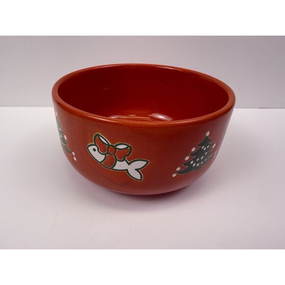 Vintage Waechtersbach Germany Red Christmas Cat Bowl Dish With Fish And Tree - Picture 1 of 6